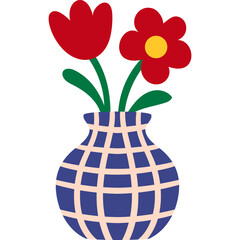 Checkered vase with red flowers flat floral illustration