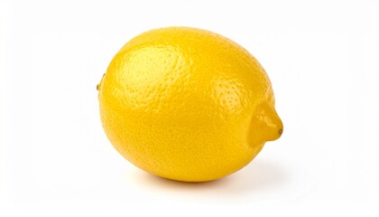 Single yellow lemon on clean white background, oval shape with textured rind.