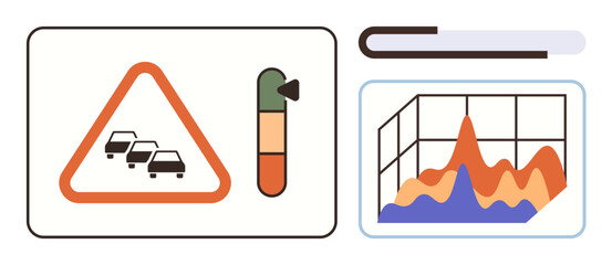 Traffic warning sign next to gauge and statistical chart for forecasting. Ideal for traffic analysis, transportation planning, data monitoring, predictive analytics, safety awareness, trend tracking
