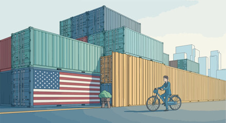 shipping containers stacked like a wall, with the US flag painted on them, symbolizing import tariffs and trade barriers.