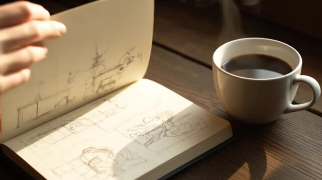 A person flips through a sketchbook filled with drawings while drinking a hot cup of coffee.