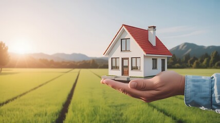 Hand Holding Small Model House in Green Field