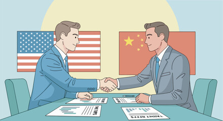 illustration of two businessmen shaking hands across a table full of tariffs documents, with US and China flags in the background