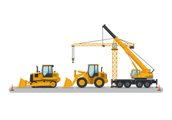 Naklejka premium Illustration of a yellow bulldozer, a front loader, and a crane standing in a row on a gray surface, with orange traffic cones marking the edges.