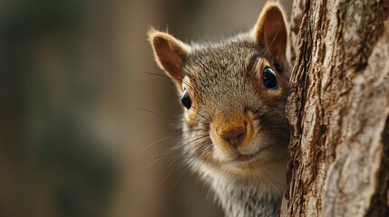 Close-up of a curious gray squirrel peeking from behind a tree trunk.