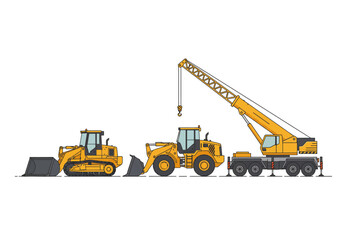 Fototapeta premium Line art illustration of construction vehicles, including a bulldozer, a wheel loader, and a crane.