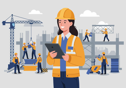 Female construction worker using tablet on a busy construction site.