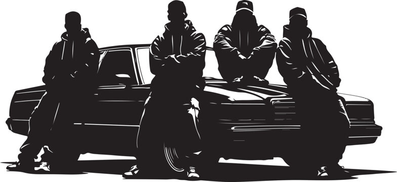 Four figures in silhouette with a car people urban