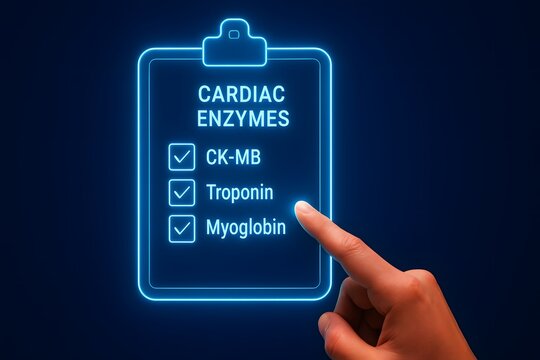 Modern medical illustration of cardiac enzyme checklist including CK-MB, Troponin, and Myoglobin on a glowing clipboard, with a hand pointing at the diagnostic markers on a dark blue background.