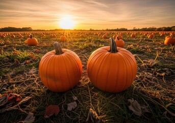 Golden hour glow illuminates two ripe pumpkins in a vast patch under a warm autumn sunset sky