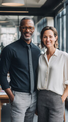 Fototapeta premium Professionalism in Diversity: A Portrait of a businessman and businesswoman standing side by side, showcasing collaboration and professionalism.