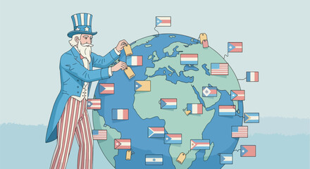 Illustration of a globe surrounded by trade routes, with the US highlighted and large tariff icons over certain countries.