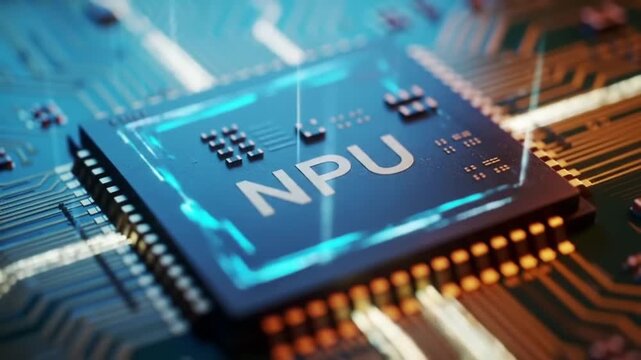 A close-up shot of a glowing NPU microchip with data pulses moving along its circuit board.