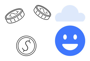 Blue smiling face, cloud, and three coins representing happiness, wealth, and innovation. Ideal for finance, savings, growth, happiness investment optimism and simple landing page