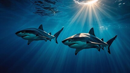 Obraz premium Large sharks swim gracefully from the depths toward sunlight, silhouetted against a glowing blue ocean surface