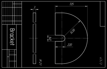 Vector mechanical part of machine.
Engineering assembly drawing of steel device
with dimension lines. Industrial technic 
cad scheme on  paper sheet. Machined metal plate
with through holes.