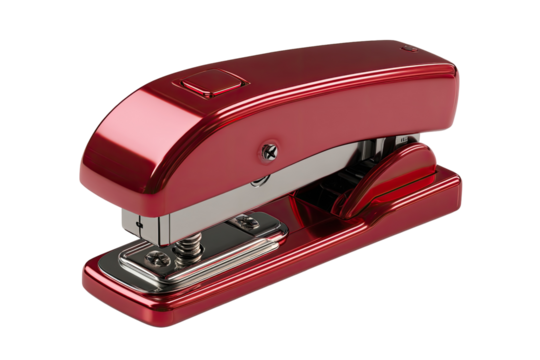 Close-up of a glossy red stapler.  The stapler has smooth, curved lines and a metallic finish.  A small button is visible on the top.  The stapler is angled slightly