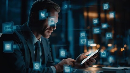 Businessman using a smartphone surrounded by floating digital icons in a dark modern office, suggesting connectivity and smart applications. Concept of mobile technology, innovation and digital produc - Powered by Adobe