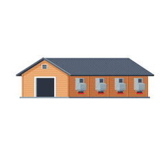 Poultry house with multiple windows and gray roof in rural setting  