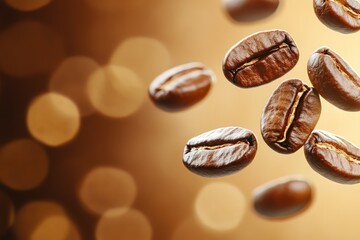 Fototapeta premium Roasted coffee beans falling on warm brown background with bokeh effect, copy space