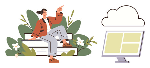 Casual girl sitting on outdoor bench surrounded by greenery, gesturing upward toward cloud icon next to monitor. Ideal for cloud computing, technology, remote work, internet concepts, online sharing