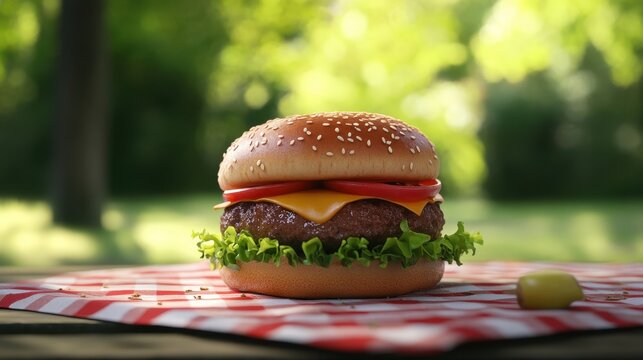 A creative depiction of a Zinger burger on a picnic table outdoors in a cozy setting