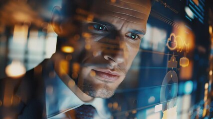 Businessman analyzing holographic data interface with cloud technology and digital graphs in a modern workspace. Concept of cloud computing, data analysis and digital innovation
 - Powered by Adobe