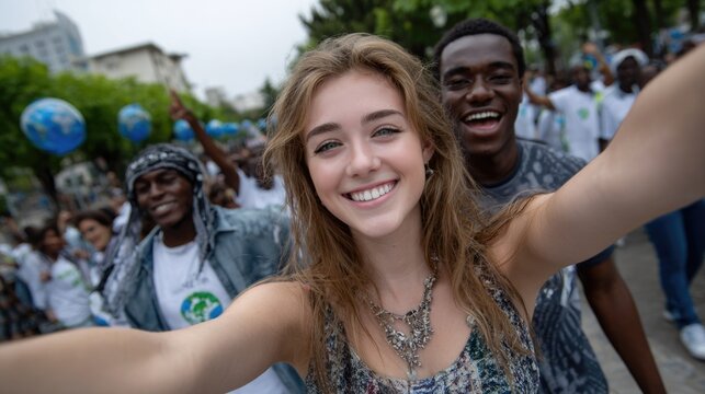 Vibrant diverse young people smile together in a large outdoor gathering. A young woman captures a moment with cheerful friends during a global youth celebration day.