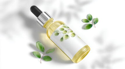 Elegant skincare concept with moringa oil bottle, organic branding and white background.