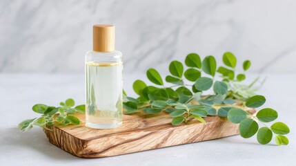 Flat lay mockup of eco-friendly skincare product with moringa oil, leaves, and wooden accessories.