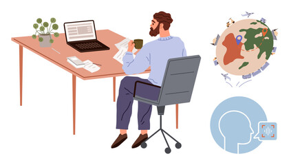 Man reading papers at desk with laptop, remote work depicted with earth map, speech recognition concept. Ideal for remote work, technology, communication, global business, language learning