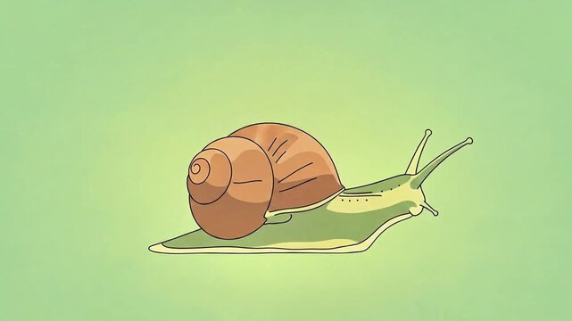 An illustrated snail with a brown shell glides across a light green background.
