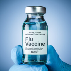Nurses hand in blue medical gloves holding a vaccine bottle with Flu vaccine text. Health care concept of prevention or treatment of the influenza virus.