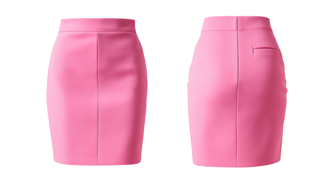 Front and back view of a vibrant pink pencil skirt. A close-up, studio shot showcases the smooth, solid color - Powered by Adobe