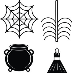 Vector art of halloween icons spiderweb, cauldron, candle, and broom isolated on white background