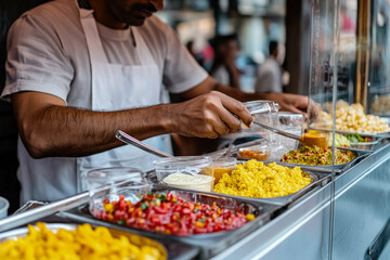 Obraz premium Indian Street Vendor Preparing Chaat with Colorful Chutneys on Counter