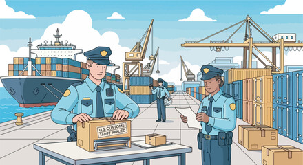 Illustration of a busy port with US customs officers inspecting cargo, stamping them with 'TARIFF APPLIED' labels.