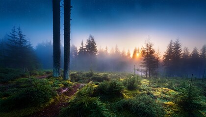 enchanted woods with mist and sparkling light under vibrant trees at twilight