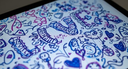 Close up of a white surface covered with blue and pink doodles and drawings of hearts and shapes