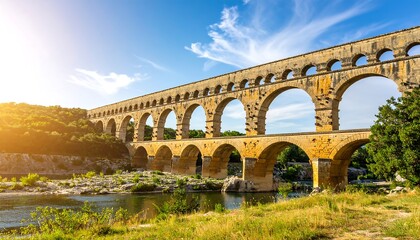 Obraz premium Ancient stone bridge spanning a river under a sunny sky
