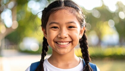 portrait of a smiling girl with dark hair and pigtails