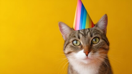 Obraz premium A playful cat wearing a colorful party hat. This whimsical image brings joy and celebration. Perfect for events, invitations, and fun marketing. Bright colors enhance the cheerful vibe. AI