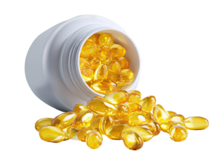A white plastic jar overflowing with bright yellow capsules