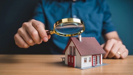 Person Inspecting House Model with Magnifying Glass