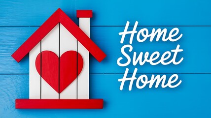 Red and White House with Heart on Blue Wooden Background