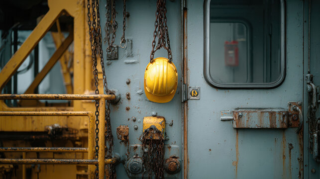 Yellow helmet hangs from crane cabin in quiet Labor Day moment