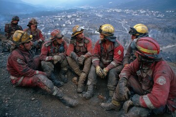 Fototapeta premium Firefighters catch breath on hillside with charred view. Helicopter operations. Enhanced greek fire crews ready for early summer fire season amid rising temps. Rugged terrain fires.