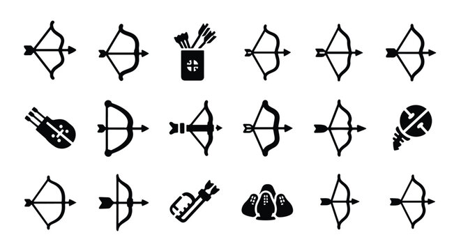 Solid black silhouette sports icon set  -  archery bow and arrow set, isolated on white background