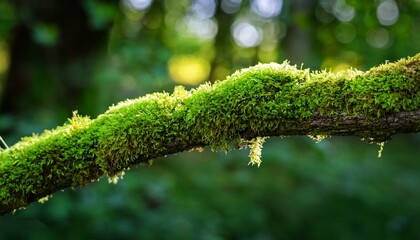 natural branch covered in vibrant green moss collected from a forest during daylight hours