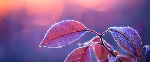 lose Up of Dew Covered Leaves with Soft Purple and Pink Blurred Background